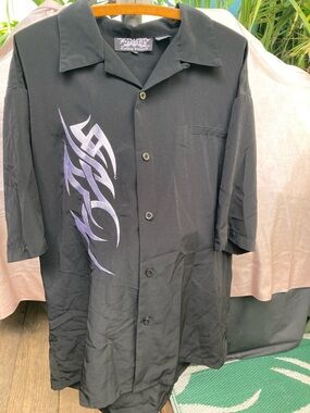 Black Button-Down Shirt with Purple Tribal Print